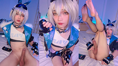 Honkai: Star Rail – Cute femboy cosplays Silver Wolf barefoot in the room playing with his big cock