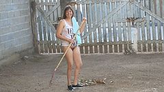 Wife without panties working in front yard teasing husband