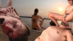 Wet sunset on the beach with Almasol: hot wife (MILF) squirts in husband’s face