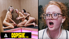 OOPSIE - Horny Cis Babe's Sneaky Handjob In Sauna Sparks Wild Trans Threesome, Caught By Janitor