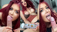 Redhead British Gymnast Deepthroats and rides Daddy to multiple legs shaking orgasms POV