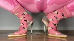 Peeing Leggings and Socks in See-Through Heels