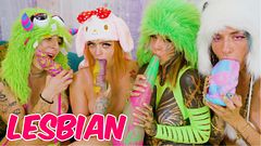 Tattooed Lesbian Orgy Dildo Play and Costume Leads to Real Orgasm