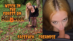 Hot blonde witch in the forest on Halloween – Blowjob Creampie