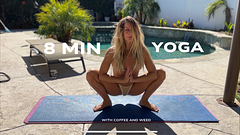 8 MIN YOGA COFFEE WEED - Hot MILF stretch by Pool, Perfect legs and ass