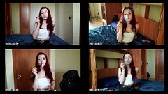 1-6 Lisa is smoking all-white Virginia Slims 120s cigarettes in the bedroom at home using matches (4 scenes) 4K resolution