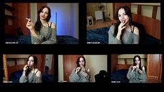 1-6 Tina is smoking all-white Winston cigarettes in the bedroom at home using matches (5 scenes) 4K resolution
