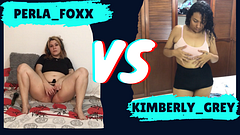 Kimberly has fun showing her tits vs Perla showing her pussy.
