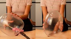 Chastity cuck teasing with an inflated condom, fun femdom chastity. Balloon fetish lovers.