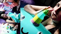 Cute girl unbox blow and ride big narwal inflatable - Bunny Looner