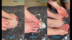 Red nails rubbing white cum on my bare feet together 😳💦