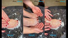 Red nails footjob then cum play on my feet 😳💦