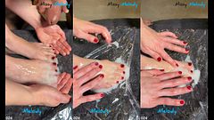 My red nails rubbing his cum on my bare feet together 😩💦