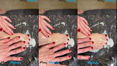 Couldn't stop rubbing his cum on my bare feet with red nails 🥵💦
