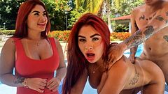 Hardcore outdoor sex at the resort with the big-dicked waiter - Dani Clark & Alejandra Palacios