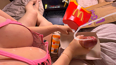Surprise in a Mcdonald's Burger Box. Spit on Tits while Jerking Off